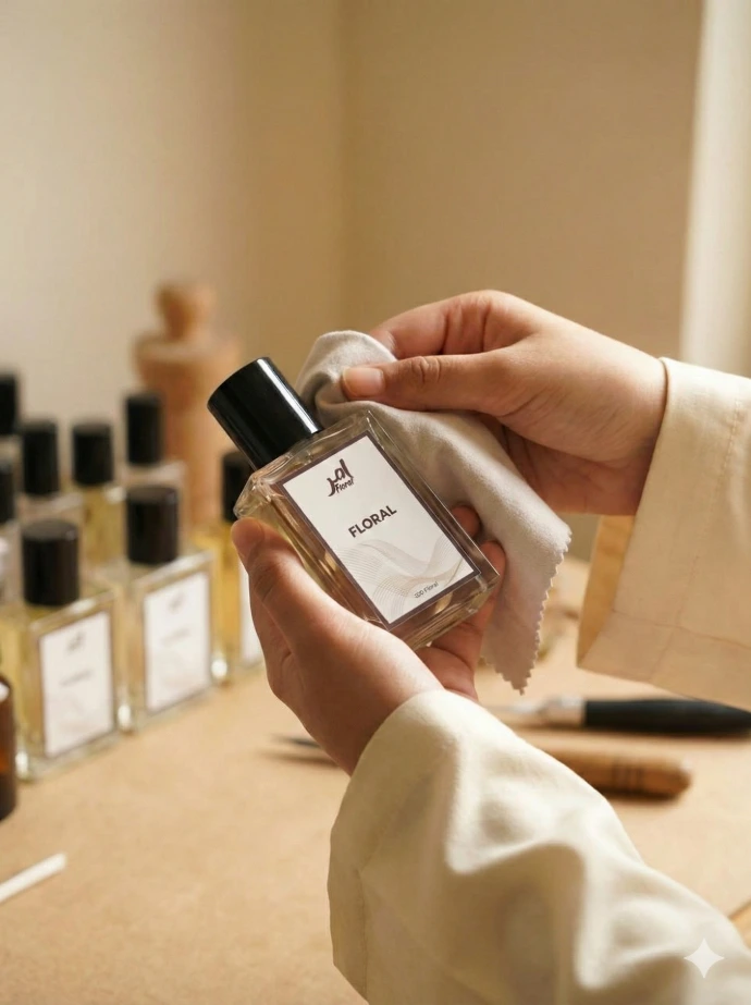 Hand polishing Floral perfume bottle by Amar Fragrance, 100% made in Pakistan